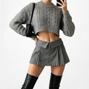 Gray Mid Rise Pleated Flared Skater Mini Skirt Skort Size S